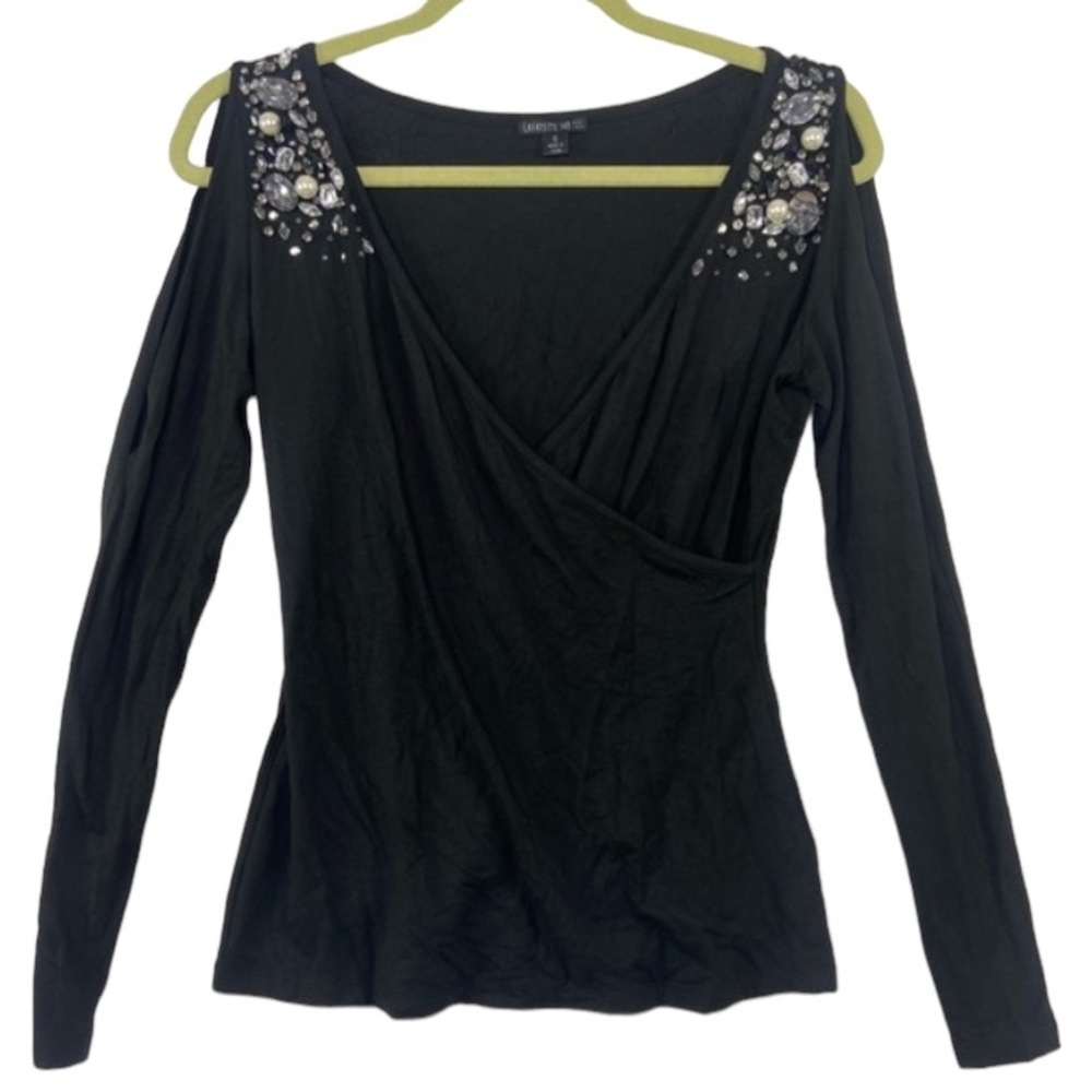 Lafayette 148 Womens XL Wrap Shirt Beaded Cold Shoulder Top Black. Size small